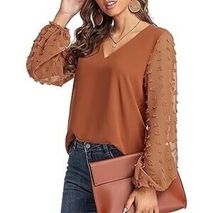 Burnt orange chiffon blouse with sheer, long "swiss dot" or "pom pom" sleeves